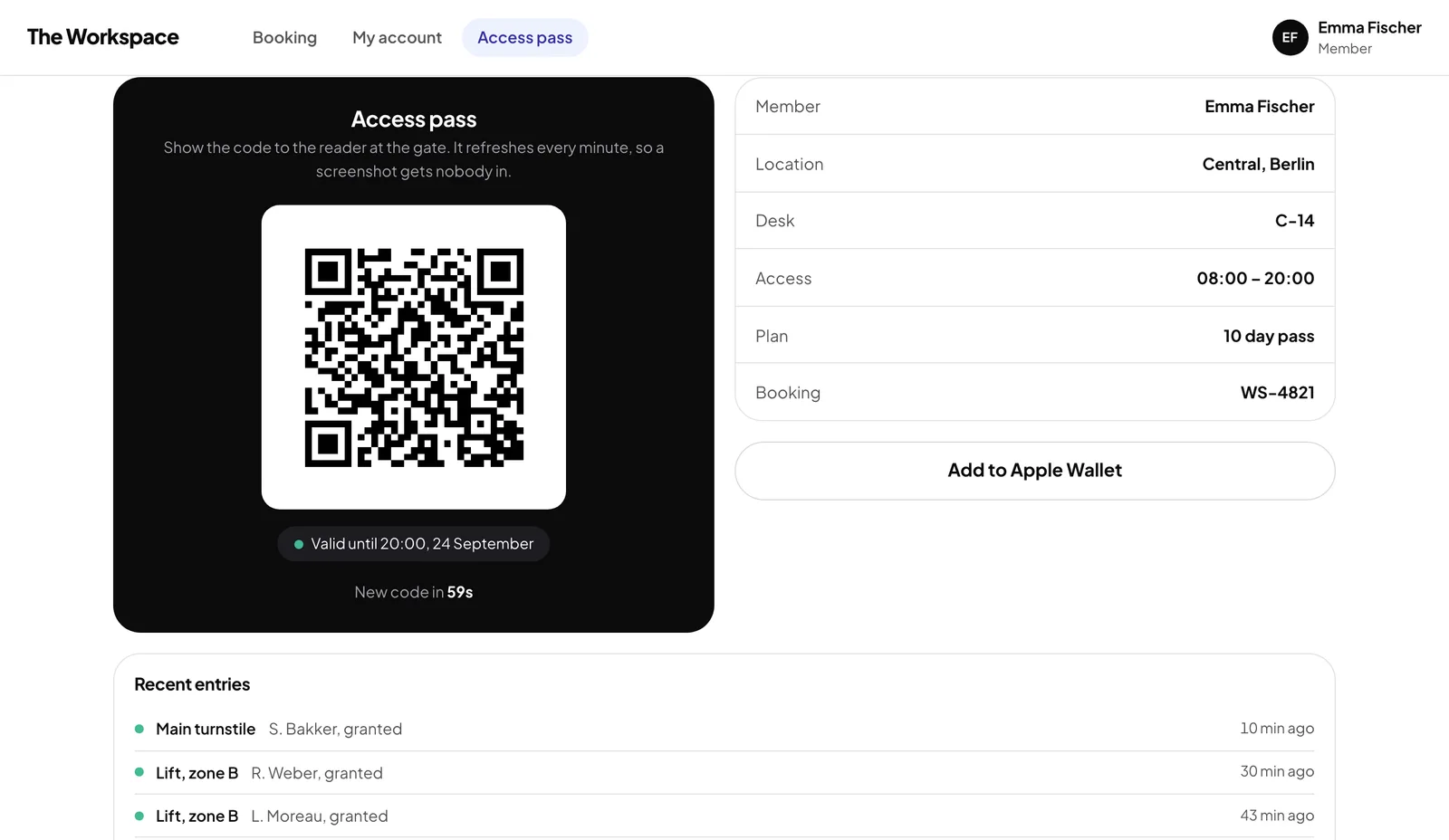 Access pass on the member's phone: a QR code that refreshes every minute, the booking details next to it and the recent turnstile entries below