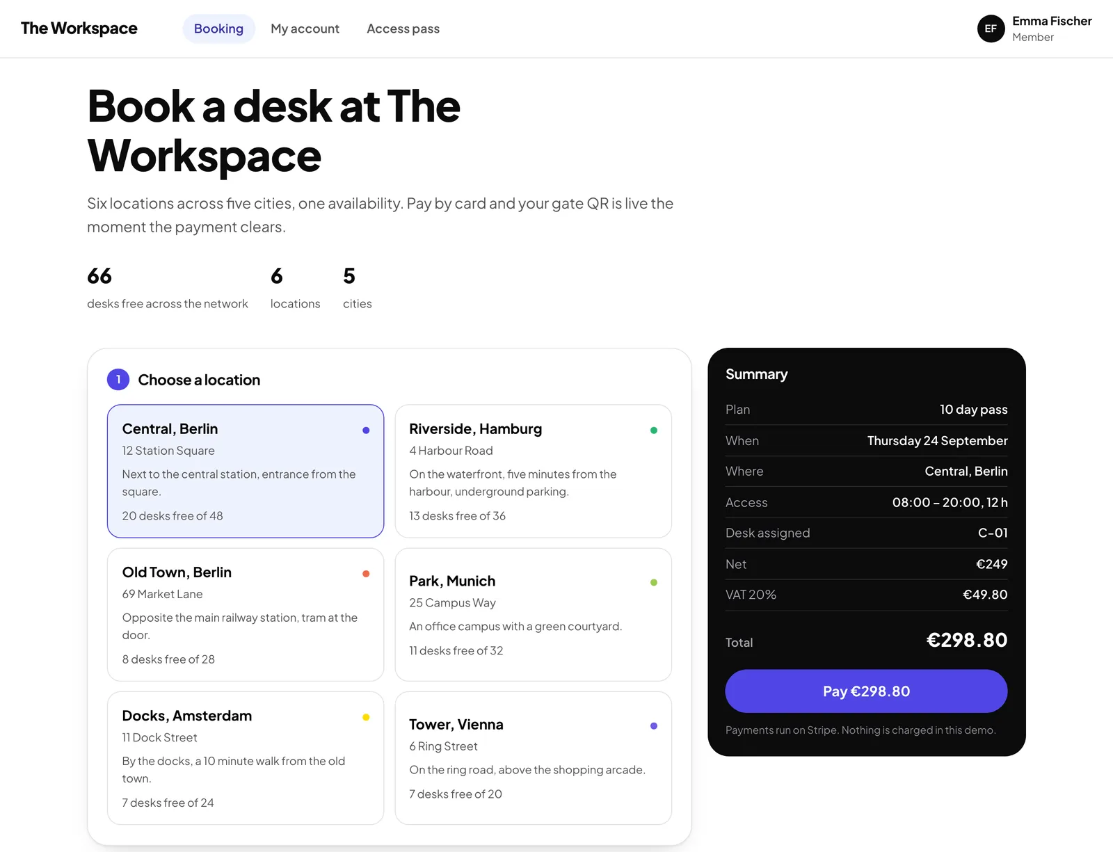 Member booking flow: choose one of six locations, then day, plan, access hours and a desk on the floor plan, with the price summary alongside
